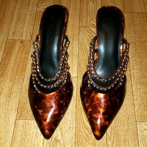 Brown and gold heeled mules